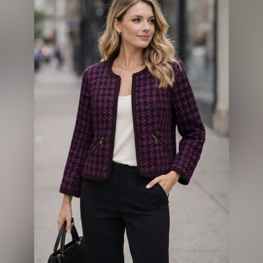 ONE WORLD Women's Tweed Blazer - Deep Purple and Black